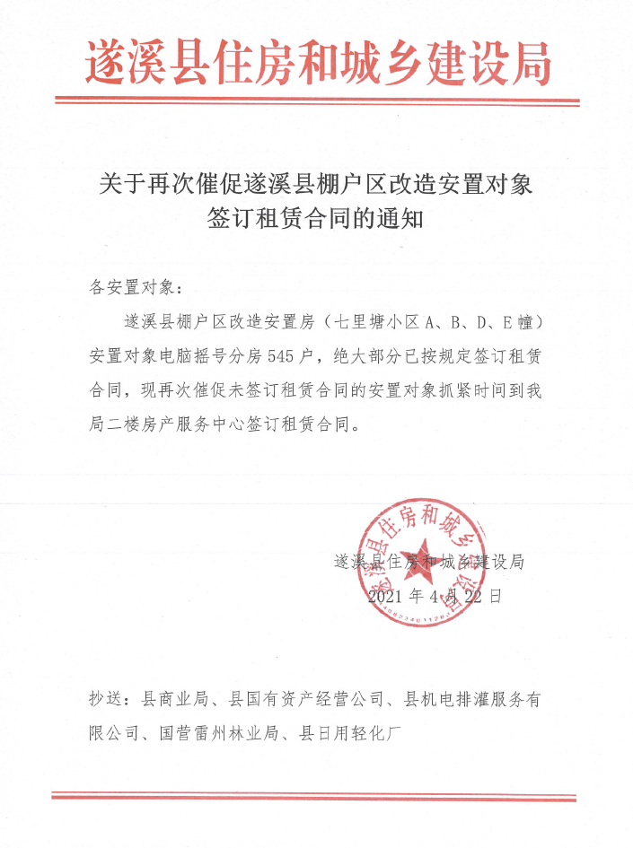 關于再次催促遂溪縣棚戶區(qū)改造安置對象簽訂租賃合同的通知.png