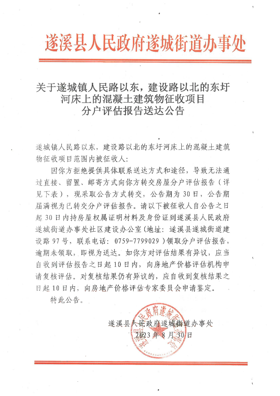 關(guān)于遂城鎮(zhèn)人民路以東，建設(shè)路以北的東圩河床上的混凝土建筑物征收項目分戶評估報告送達公告.bmp