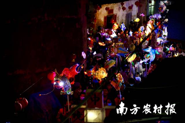 夜幕降臨，北坡游魚(yú)流光溢彩。