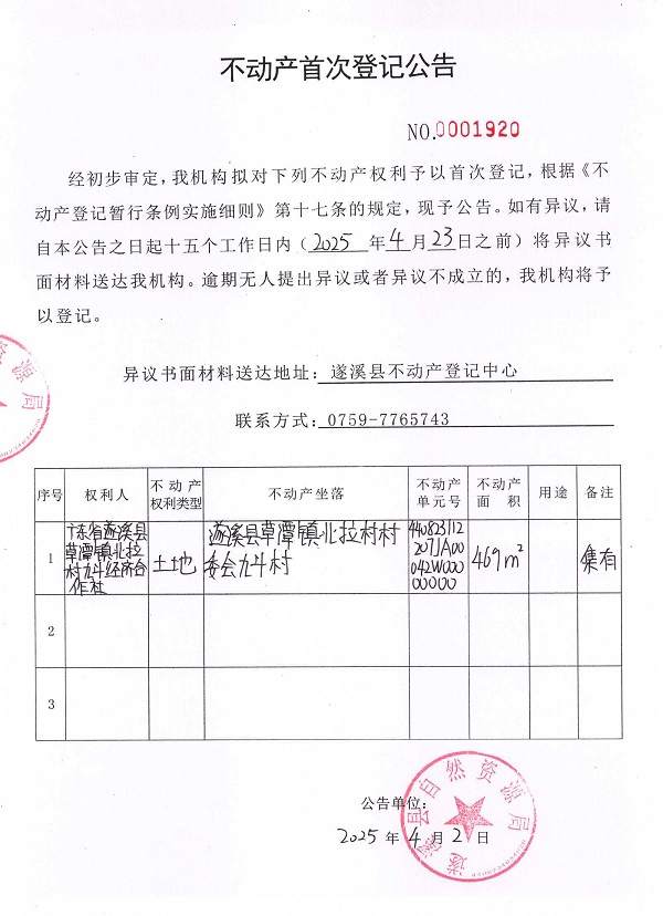 不動(dòng)產(chǎn)首次登記公告（廣東省遂溪縣草潭鎮(zhèn)北拉村九斗經(jīng)濟(jì)合作社）.jpg