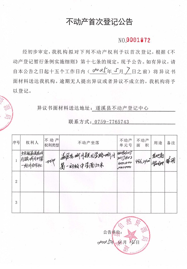 不動(dòng)產(chǎn)首次登記公告（廣東省遂溪縣城月鎮(zhèn)城月村第一經(jīng)濟(jì)合作社）.jpg