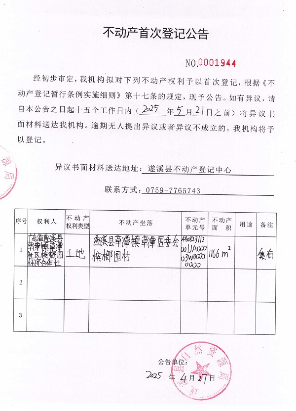 不動(dòng)產(chǎn)首次登記公告（廣東省遂溪縣草潭社區(qū)檳榔園經(jīng)濟(jì)合作社）.jpg