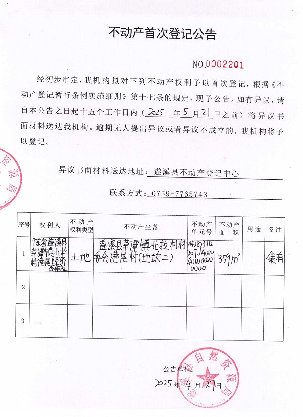 不動產首次登記公告（廣東省遂溪縣草潭鎮(zhèn)北拉村港尾經濟合作社）2.jpg