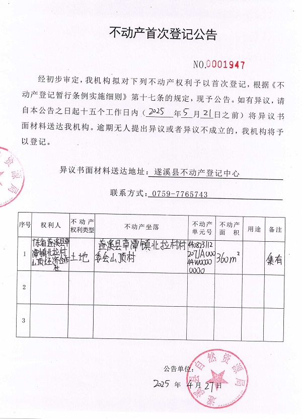 不動(dòng)產(chǎn)首次登記公告（廣東省遂溪縣草潭鎮(zhèn)北拉村山頂經(jīng)濟(jì)合作社）.jpg