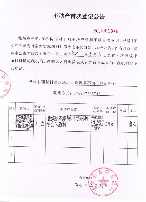 不動產(chǎn)首次登記公告（廣東省遂溪縣草潭鎮(zhèn)北拉村下箔經(jīng)濟合作社）.jpg