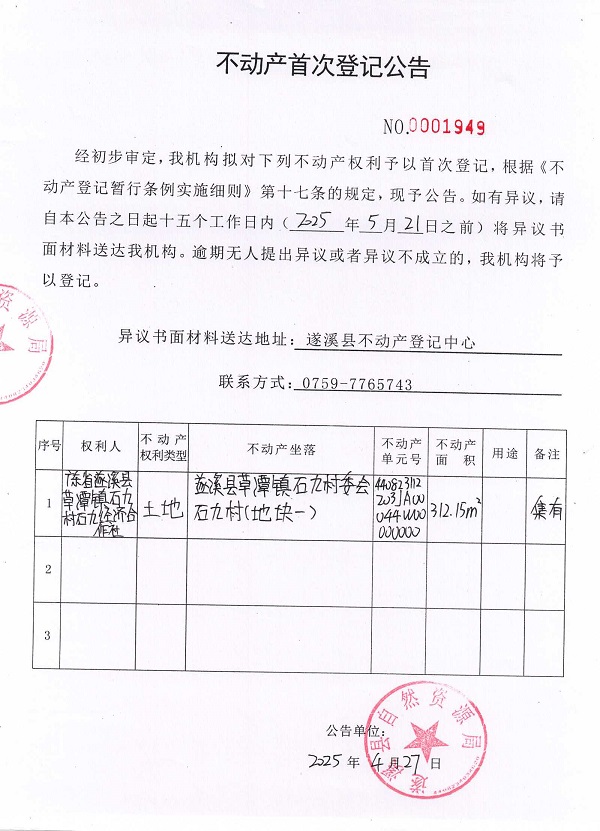 不動產(chǎn)首次登記公告（廣東省遂溪縣草潭鎮(zhèn)石九村石九經(jīng)濟合作社）1.jpg