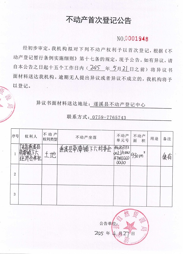 不動(dòng)產(chǎn)首次登記公告（廣東省遂溪縣草潭鎮(zhèn)下六經(jīng)濟(jì)合作社）.jpg
