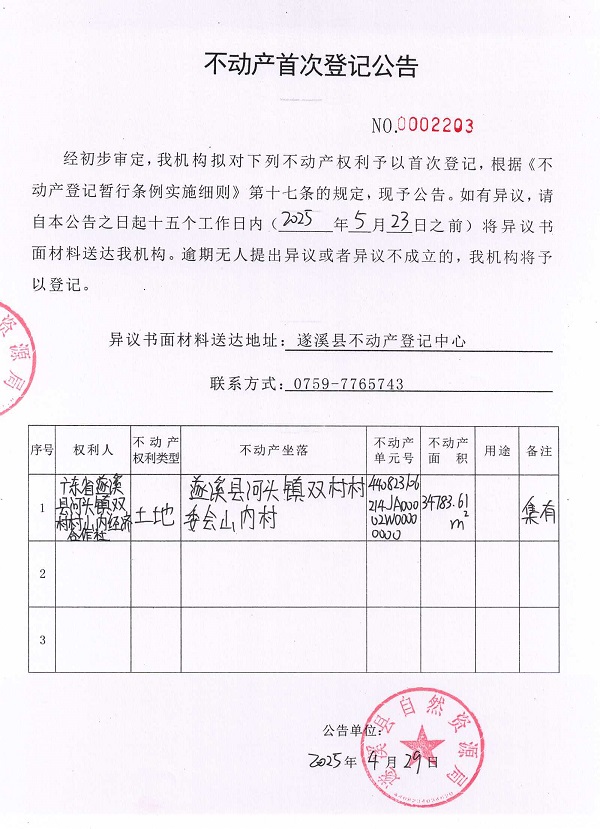 不動產(chǎn)首次登記公告（廣東省遂溪縣河頭鎮(zhèn)雙村村山內(nèi)經(jīng)濟合作社）.jpg